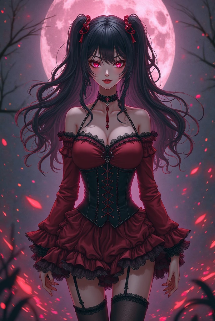 happy,(((masterpiece))),best quality,,black corset dress,(((Hair length to the shoulders))),from front,(red long hair), (1 girl),hand in own hair,rose flower garden,wind,red eye,looking up,((night sky)),((red moon)),(wariza:1.3),black gloves,red rose hair ornaments,moonlight
