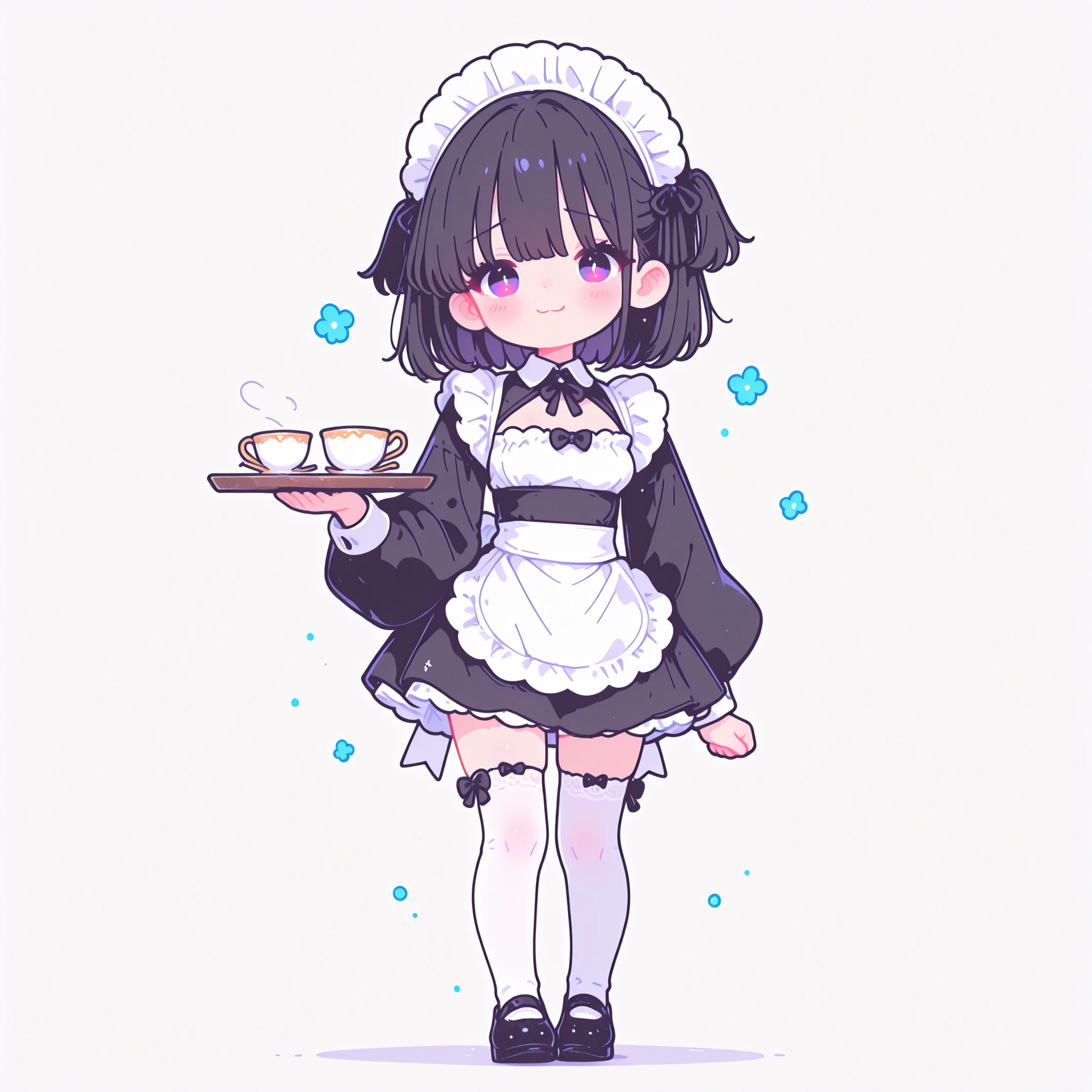 masterpiece, best quality, ultra detailed, high resolution, intricate details, sharp focus, smooth shading, professional lighting, vivid colors, clean lineart, anatomically correct, beautifully detailed eyes, no artifacts, 1girl, chibi style, flat bust, full body in frame, white background, cute maid headdress, black and white maid outfit with apron, white stockings, black shoes, shy but welcoming smile, front view, holding a tray with a teacup