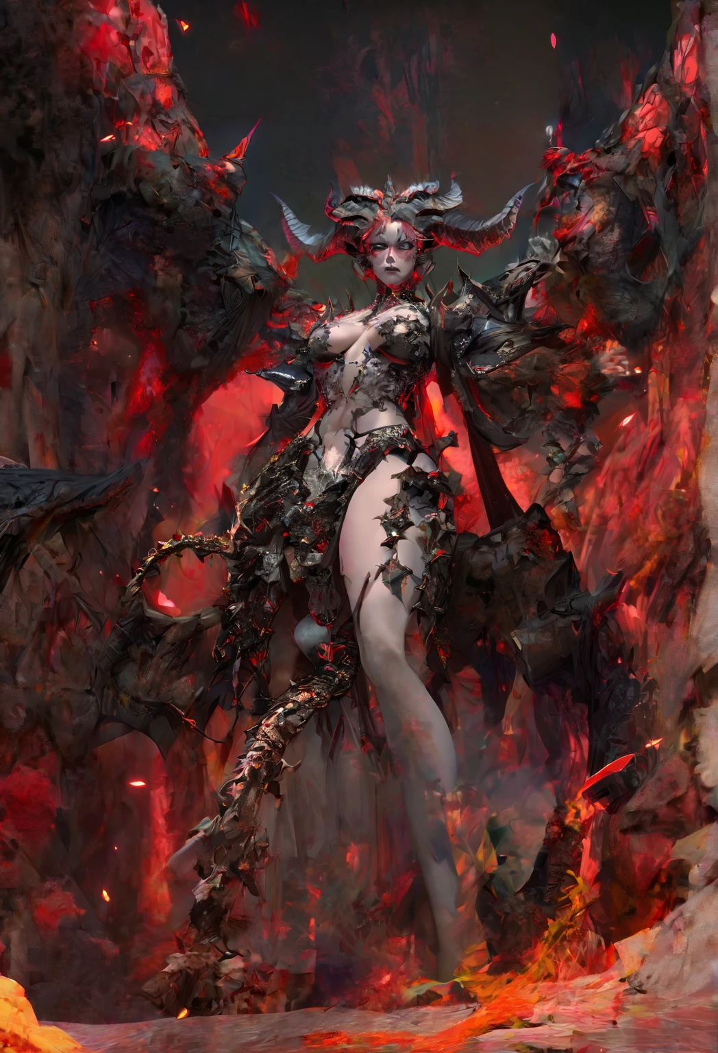 best quality, masterpiece, illustriation by Serge Birault, ultra highres, half body shot, sharp focus, (insanely detailed), highly detailed centered, upright, 
adult woman pureerosface_v1 looking past the camera, [:(highly detail face: 1.2):0.1], evil smile, pink skin, red eyes, bindi, slender body, tiny waist, thighs, cries blood, long legs, (huge stacked breast:1.1) (long long long flowing shiny silver hair:0.9), 5 digit fingers
(wearing demon_cosplay_outfit:0.4), ruby jewelries, big demon_wings, ripped pantyhose, big full red moon, bra with cleavage, walking in misty graveyard, ground covered in blood skulls dead-bodies, embers in the back, flying bats (at night:1.2) FairytaleAi