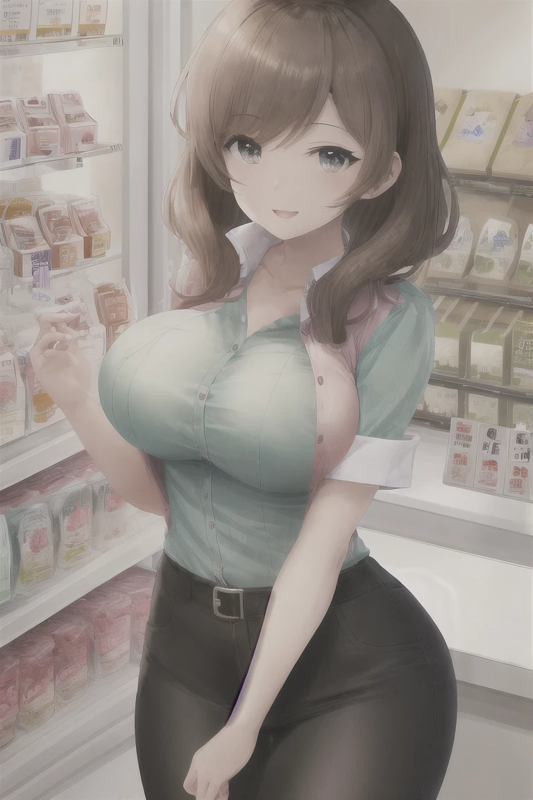 (be familiar with, masterpiece, highest quality, Complex),
cowboy shot, Kyoka Tachibana,
big breasts,
1 girl, alone, At a convenience store,
cute eyes, beautiful face, perfect round butt,
fit and body, female pervert,
The jacket is a cute thin shirt, Cleavage is exposed, Beautiful woman in a white shirt and miniskirt, super mini tight skirt, smile,
black high-heels, Thighhighs, black_leg wear,
early teens, alone, pale skin,
blue eyes, ((beautiful mature woman)),
no_bar,
enchanting smile, naughty face, Sweat, vapor, embarrassed, blush, Excited, (spoken heart),
Are standing, Best Sexual Poses, cover the crotch,
(At a convenience store), Near the Ocean shore, (window, Ocean, null, cloud, Day), summer, indoor, perspective, bright lighting, Shelves with many products displayed, white wall,