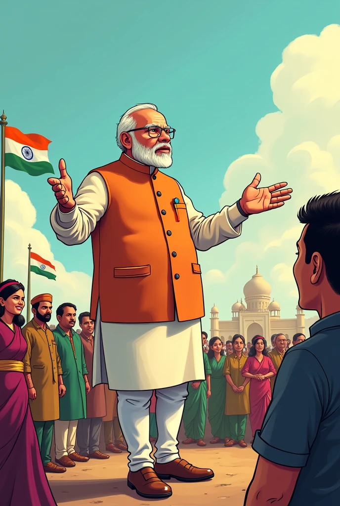 A cartoon illustration featuring two characters on a castle rooftop. The first character is angry sheikh hasina, with features that suggest she is a strong and authoritative figure, dressed in traditional attire. The second character is Narendra Modi who looks sad and confused, as he tries to convince the woman. The man is dressed in traditional clothing and appears earnest in his expression. The setting is on a castle rooftop with an Indian flag prominently displayed. The background shows castle towers, and the overall style is vibrant and exaggerated, focusing on the emotions of both characters."