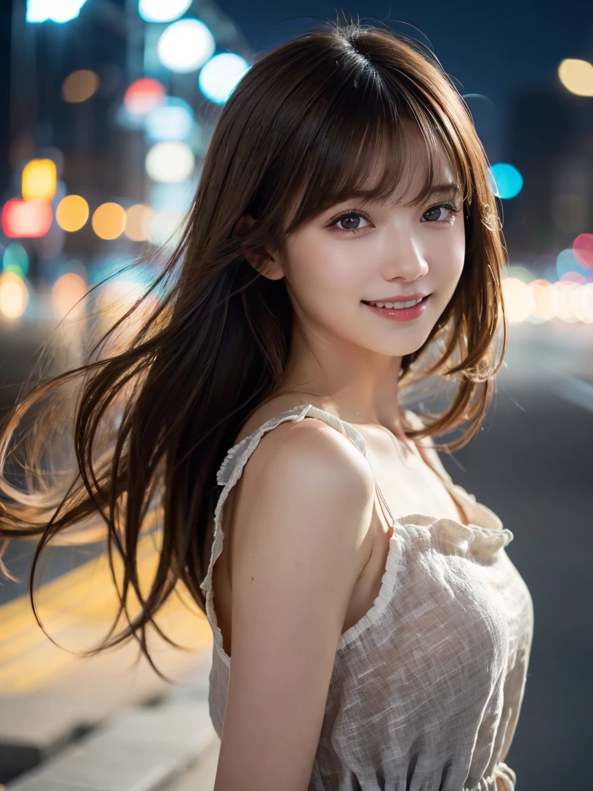 Best Quality, masutepiece, hight resolution, 1girl in, White Flare Chiffon Short Dress, Smile, Beautiful lips closed, Blonde long hair, Detailed beautiful eyes,detailed eyelash, Beautiful face,Slim body, Tindall Effect,Photorealistic, Rim lighting, two tone lighting,(High detailed skin:1.2), 8K UHD, Digital SLR, Soft lighting, High quality, Volumetric lighting, Candid, photograph, High resolution, 4K, 8K, Bokeh, In downtown, PM