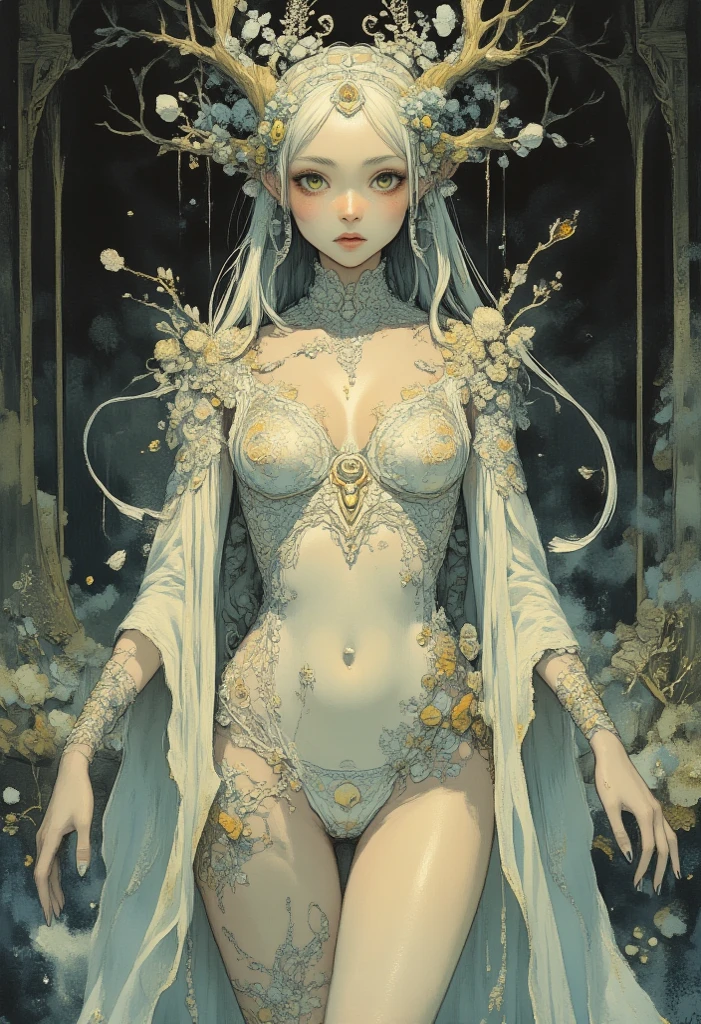 (best qualtiy,ultra - detailed,Most Best Illustration,Best shadow,tmasterpiece,A high resolution,professionalartwork,famousartwork),Detailed eyes,beautidful eyes,closeup cleavage,sci-fy,colored sclera,Robot eyes,face markings,Tattooed with,(fractalized,Fractal eyes),largeeyes,Wide eyes,(Eye focus),sface focus,Cosmic eyes,Space eyes,Close-up of metal sculpture of a woman with a moon in her hair,goddes。extremly high detail,3 d goddess portrait,Extremely detailed footage of the goddess,a stunning portrait of a goddess,Side image of the goddess,portrait of a beautiful goddess,Full body close-up portrait of the goddess,hecate goddess,portrait of a norse moon goddess,goddess of space and time