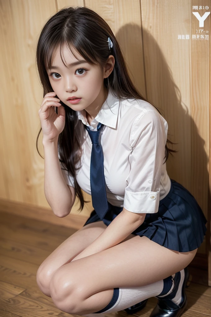 masterpiece, RAW Photos, highest quality, Realistic, Highly detailed CG Unity 8k wallpaper, Depth of written boundary, Cinematic Light, Lens flare, Ray Tracing, (Very beautiful face, Beautiful Lips, Beautiful Eyes), Exquisitely detailed face, ((Highly detailed skin)) One girl, In the bathroom, Hold the sponge、Full of bubbles、Deep Shadow, Cute Korean Girl, K-Pop Idols, 1 girl, (Very slim slender fit-muscled body:1.3), ((View Viewer)),Cleaning in the bathroom、On all fours、Turn your back to the camera、Beautiful girl looking back、Clear Eyes, (Big eyes),(Brown Hair), (Full Body Shot), ((Schoolgirl uniform:1.3)), ((Wet Uniform)), (View Viewer:1.3) Open chest, Very slim, Medium chest, Turn back, (Buckshot), Focus,