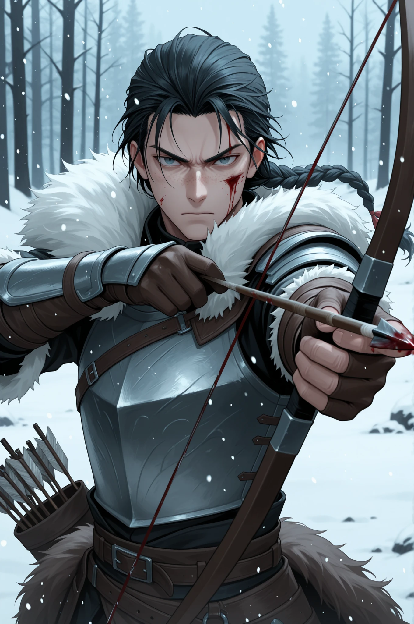 masterpiece,best quality,amazing quality, absurdres, man, 1boy, solo, looking_at_viewer, holding, closed_mouth, upper_body, braid, weapon, outdoors, holding_weapon, armor, fur_trim, snow, freckles, blood_on_face, serious, snowing, bow_\(weapon\), arrow_\(projectile\), holding_bow_\(weapon\), aiming, quiver, aiming_at_viewer, holding_arrow, drawing_bow