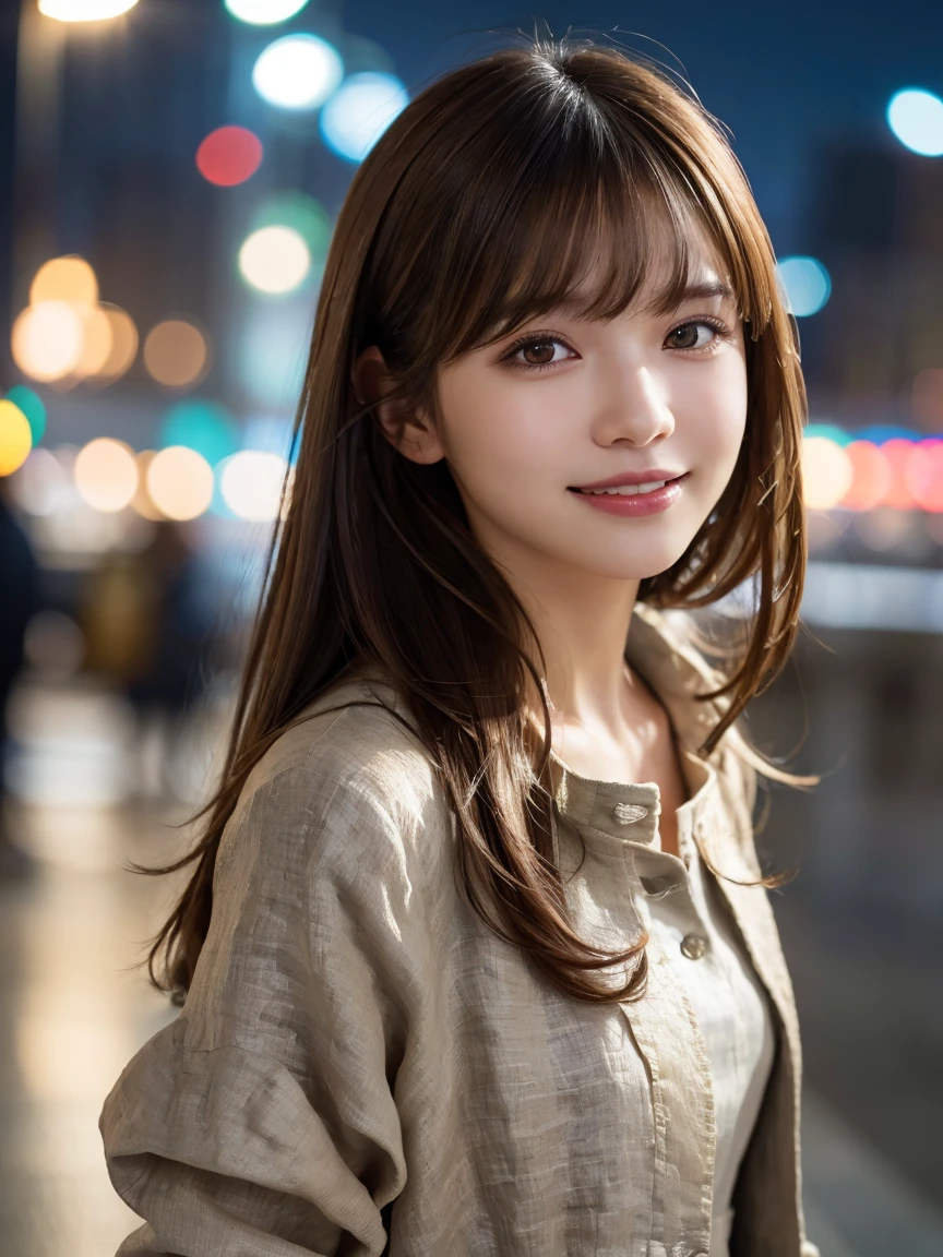 brown hair,medium hair,Female in her early 20s, small nose, with the correct look, Cute natural smile, Japanese facial features, Clean and cute face, cute realistic portrait, asian face, 8k photo, soft makeup,natural skin texture,Raw photo,highest quality,Full Body Shot,night view,Seductively Posing
