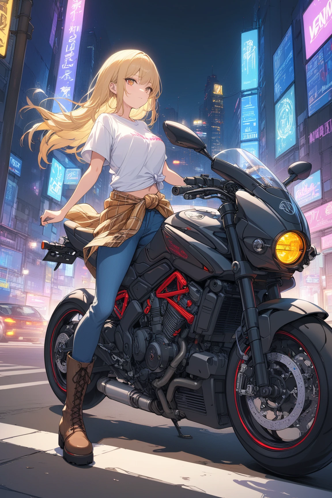 ((Highest quality))、((masterpiece))、(detailed)、((Anatomically correct))、(High resolution、8k)、One Woman、Riding a motorcycle、Vintage goggles、City、Skyscraper street at night、Blonde、Riders jacket、Black Gloves、Black trousers、Black boots、

