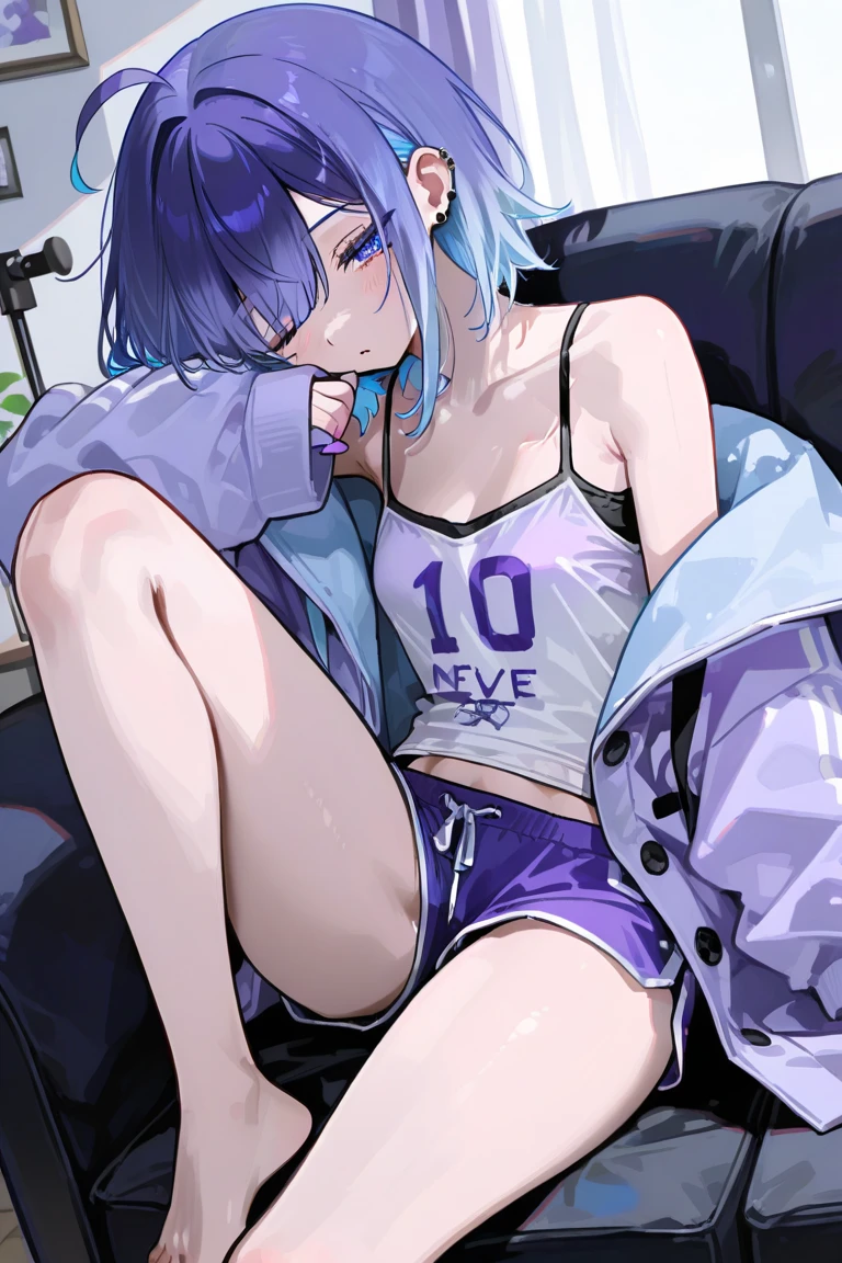 (masterpiece, best quality:1.5), (ultra detailed, high resolution, 8k, beautiful detailed, UHD, best anatomy), purple hair, very flat breasts, 1 girl like a man, Sports Bra, Culottes, barefoot, bed room, night