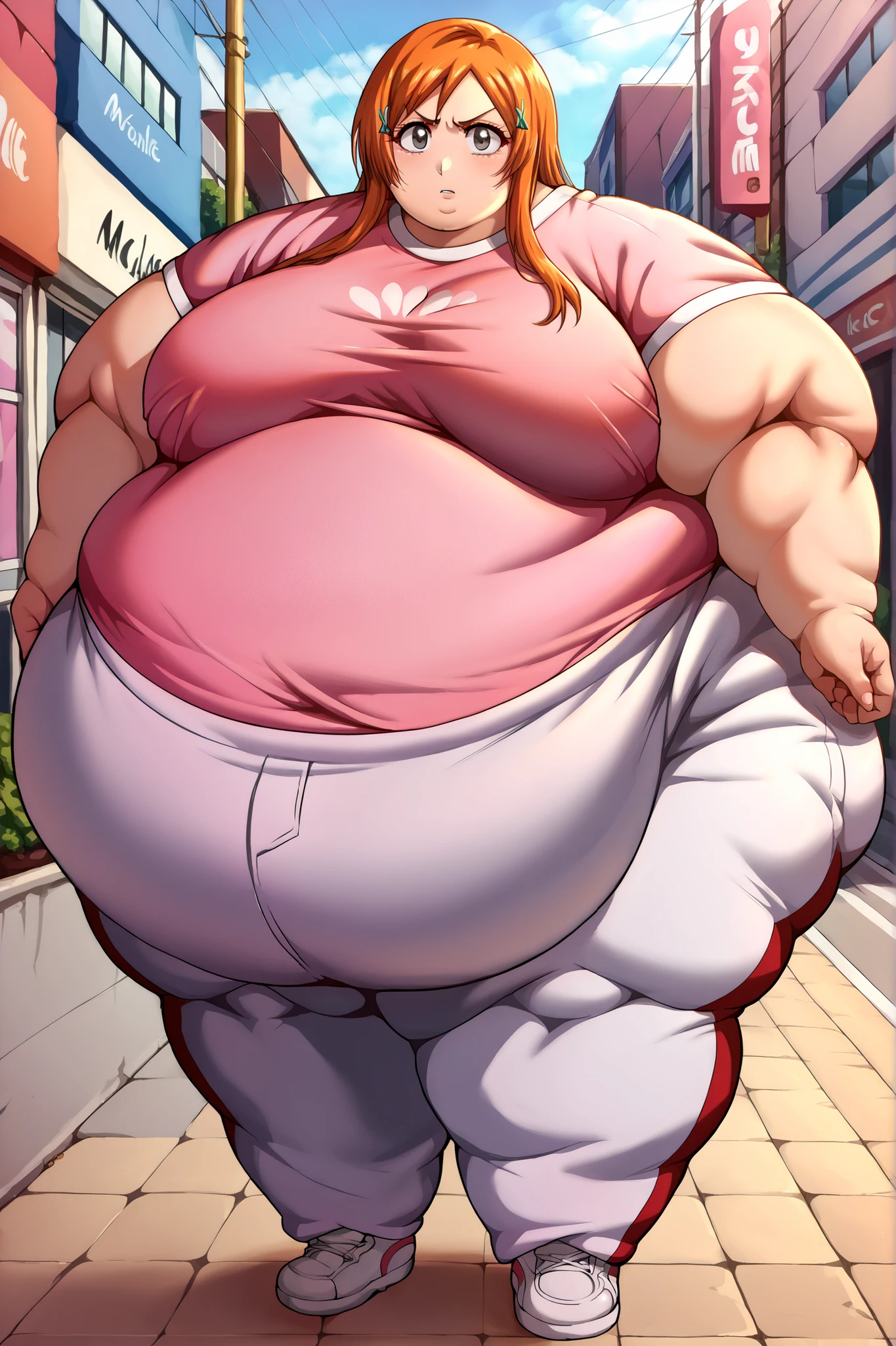 ((High quality:2.0)), Anime ,High Aesthetic, (masterpiece) ,((Well drawn face))morbidly obese, ((dark skinned )), (Femboy), (pop idol ),(( long Multicolored hair)), (( White hair with Hot pink Streaks:1.5)), ((Ponytail )),Wearing ((White Jacket half ,a pink Crop top and White shorts)),(( Thick thighs, Hyper hips, Large Butt:1.6)),fat belly, (fat belly:1.6), ((extremely fat)), ((immobile)), too fat to move, ssbbw, (ssbbw:1.9), extremely overweight,(( mounds of fat)), piles of fat on her belly, belly stuffed full of food, rubbing her swollen belly, ((enormously fat belly),full of food,