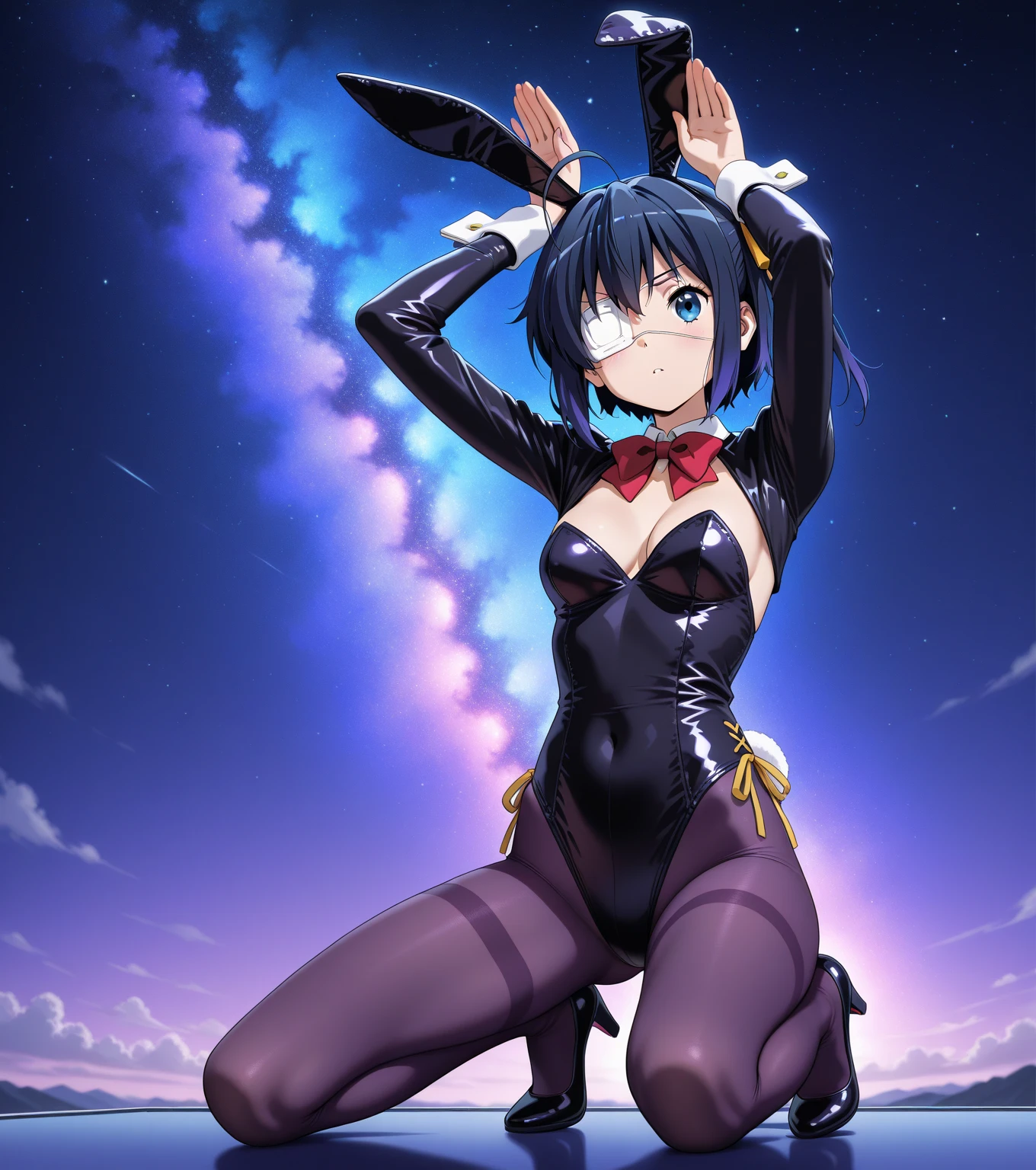 score_9, score_8_up, score_7_up, rating_explicit, score_anime, masterpiece, best quality, extremely detailed, sharp focus, illustration, 8k cg wallpaper, (ultra high-res), very detailed, straight-on, nsfw, 1girl, 18yo, very cute face, black hair, short bob hair, straight hair, light blue eyes, (large breasts:0.8), shy, blush, shiny metallic blue reverse bunnysuit, metallic blue playboy bunny ears headband, (black gtights:1.1), high heels, heart hands on breasts, squatting, spread legs widely, at bar, full body, BREAK bare stomach, bare flank skin, (detailed background:1.1)