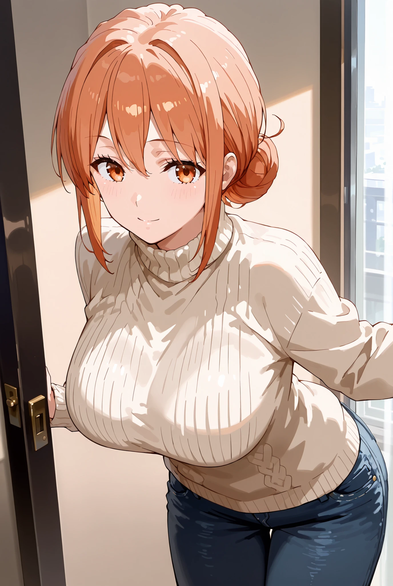 ((gahamama)),
score_9, score_8_up , score_7_up , score_6_up , score_5_up ,
(masterpiece, best quality),ultra detailed,
warm lighting, rim light, megami magazine,
BREAK
1 lady, yuigahama_mother_a,
orange hair, hair bun, single hair bun, sidelocks, bangs, orange eyes, mature female, sweater, turtleneck, turtleneck sweater, denim, jeans, pants,
large breasts,