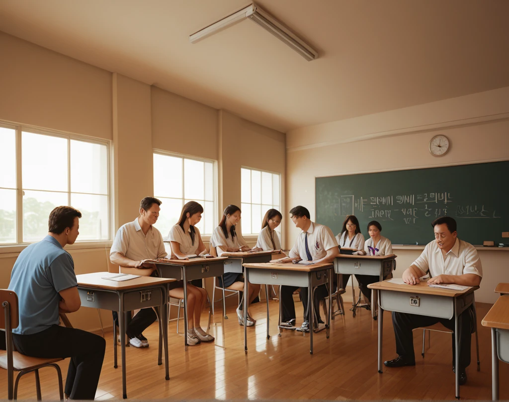 (masterpieces), (top quality:1.0), (Ultra High Resolution:1.0), (full body shot:1.0). In an elementary school classroom where there are many students, women are being touched by men ((((Men touch girls )))), ((because I'm mature)), A woman in her 40s looks in a normal body, The woman is Korean, I touch my chest