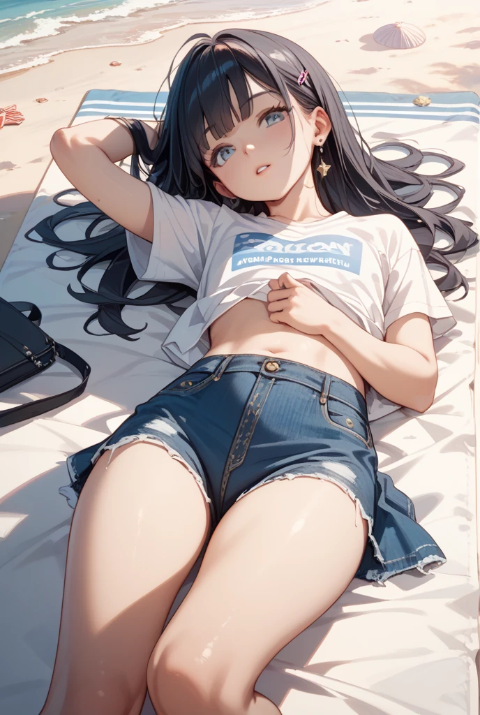 Sexy girls in "Unreal Grafix", text on OK and tight denim skirt posing for photo, whole body, Paired with a short T-shirt, OK, , slim, Smaller bust circles, slim的女孩模型, sweaty body, wet, 24 year old female model, long hair, sleep in bed,
