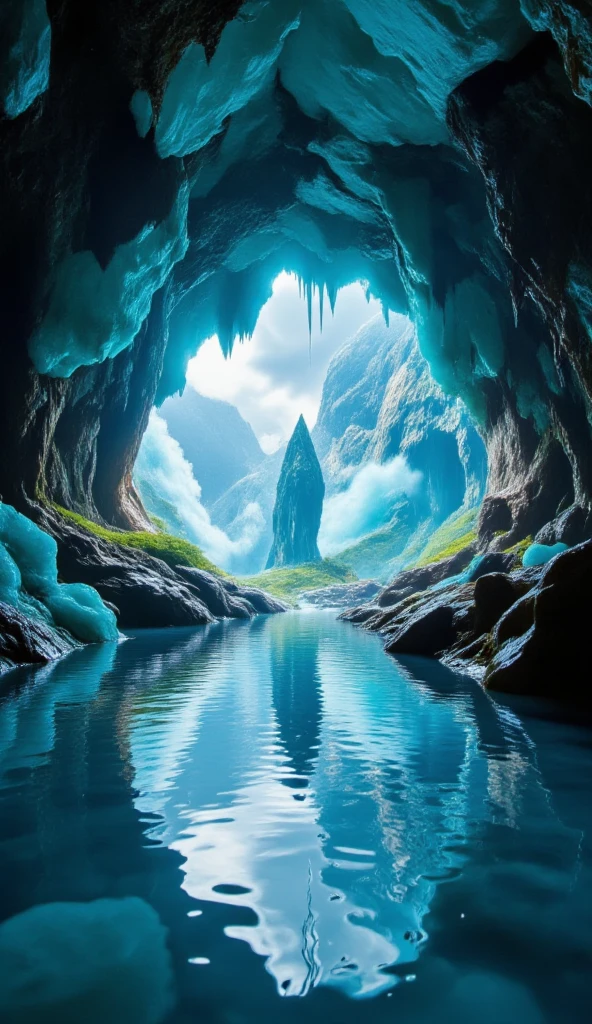 high res images、Breathtaking、A natural cave with hidden blue crystals、Blue Cave、The surface of the water is kept quiet、and makes you feel the depth and serenity of this hidden paradise。ブルーと少しだけ緑もある水晶岩塊達 Natural Underground Sink Holes.It blends perfectly with it、Natural Rocks Are Not Touched by Humans、simple, Clear water、bright sunlight gently shines through the tunnel exit、The blue that shines on the surface of the ocean.