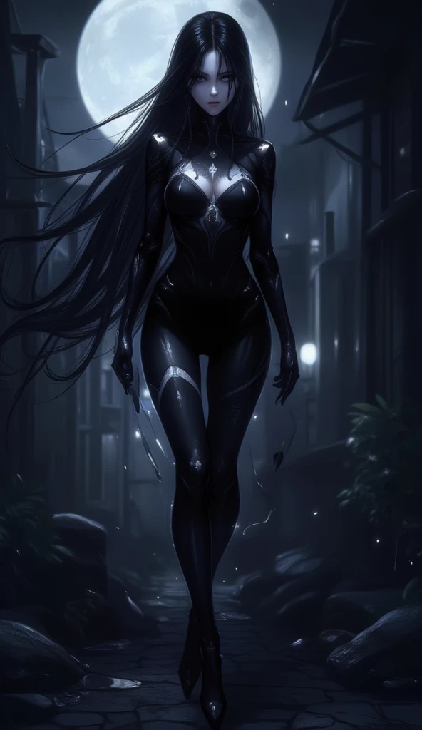 Anime Ishtar Faith free, wearing black latex clothing, in latex pants with a collar. She walks barefoot through the sticky black slime.