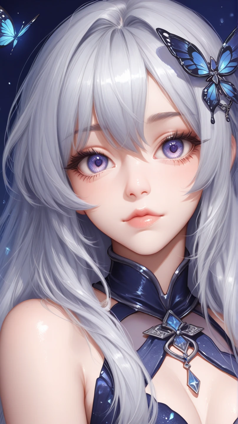 Hairstyle with all hair swept back、Silver hair back、male、Her hair is shoulder-length、Strange Eyealeの左目赤色、male右目青、Increase the wide angle、Clear Eyes、Glittering costumes、Fancy hair accessories、Looking up at the night sky、