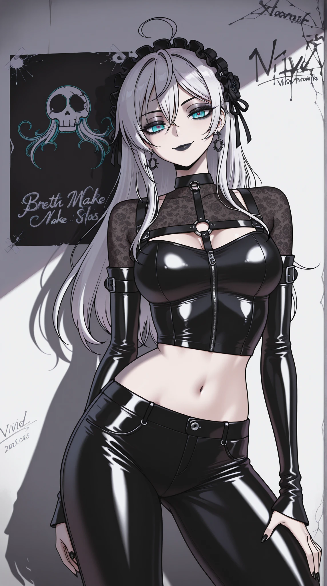 1 Girl, Black Corset, Long Black Skirt, Black Lace Sleeves, Black Lace Covering All Showing Skin Up To The Neck, Red Lace Ribbon, Medium Breasts, Blue Eyes, Platinum White Hair, Twin Tail Hair Style, Pale White Skin, Smooth Skin, Face Freckles, Nice Cleavage, Slutty, Sexy, Sassy, Smirking, Tease, Teasing,