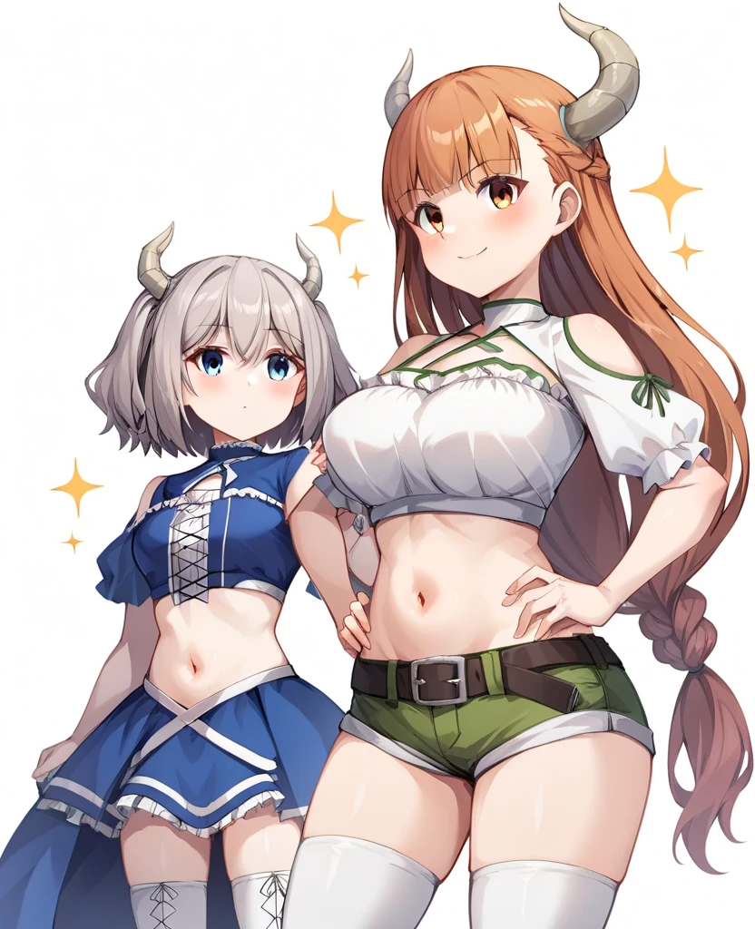 1goat girl, goat ears, yellow horns, curly red hair, one long braid, perfect eyes, blue eyes, naughty face, white scarf, black blouse, red jacket, blue shorts, long black stockings, brown boots, brown bag, red sword in the hand, big breasts, big ass, field background