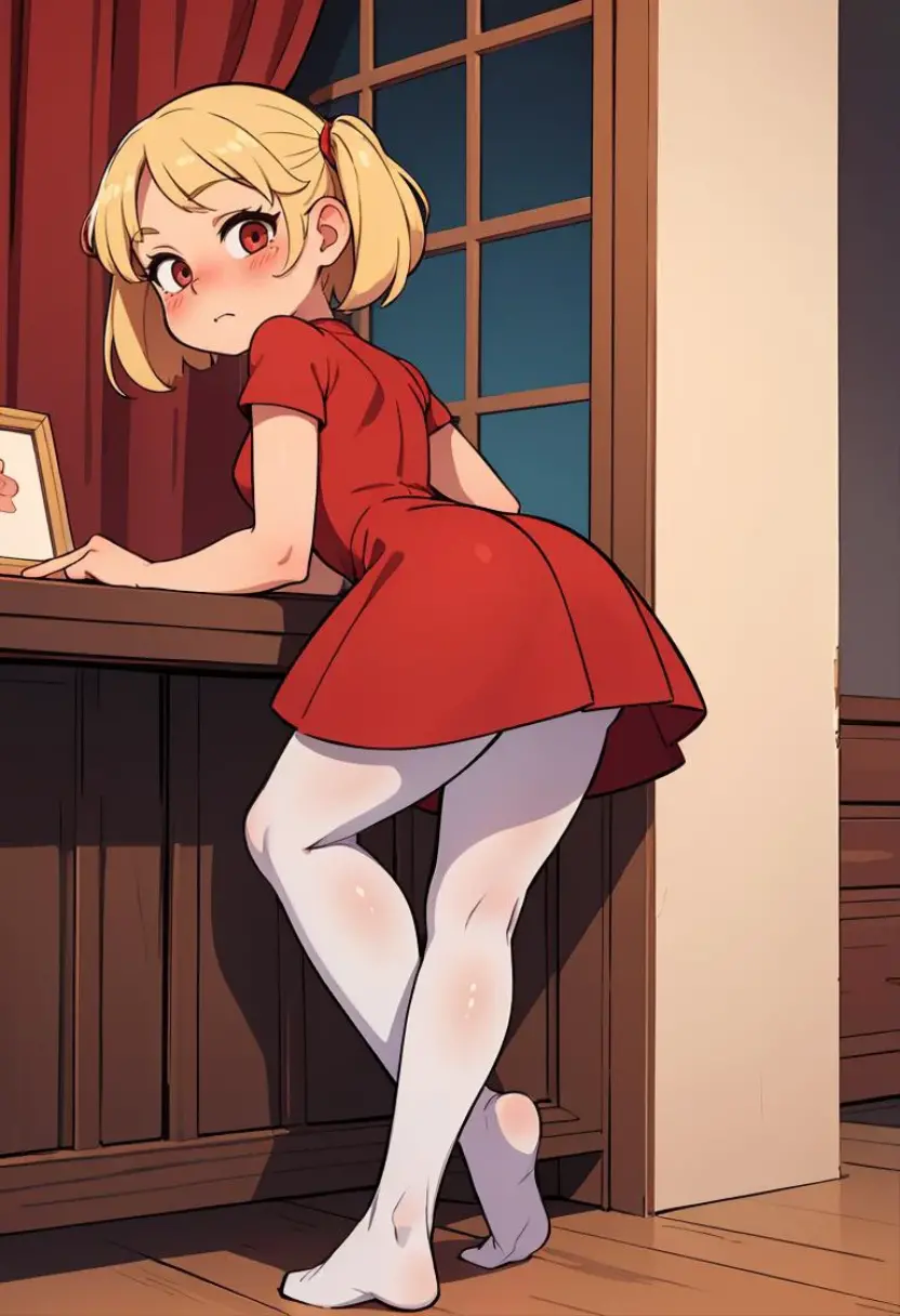 top-quality,Top image quality,in 8K,4K,​masterpiece,ultra-detailliert,Beautiful、ultra-quality, best quality,high resolution, ultra-detailed,game cg,dutch angle ,beautiful detailed eyes, visualart,five fingers, perfect hands,a beauty girl,front view,upper body,from below,(Focus on the crotch:1.3),research institute,
 Mega Man Roll, 1girl in,Child's body shape, Solo, Green eyes,a blond, Ponytail, bow ribbon, long-sleeve,RED dress,Open mouth, long boots, Smile,(curtsey:1.3),(skirt lift:1.3),(panty shot:1.3),
