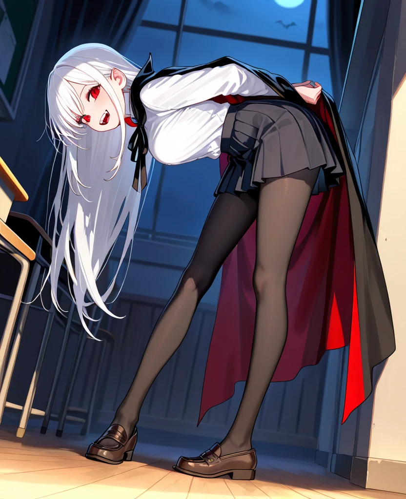 Girl, 20 years old, with long white hair down to below her waist, a serious yet tender expression, and red eyes. Her hair features black streaks. She wears antique-style clothing, a long black dress with a slit on the legs, and high black boots that almost reach her knees. Her power and background are related to shadows and darkness. dark escense, figth stance