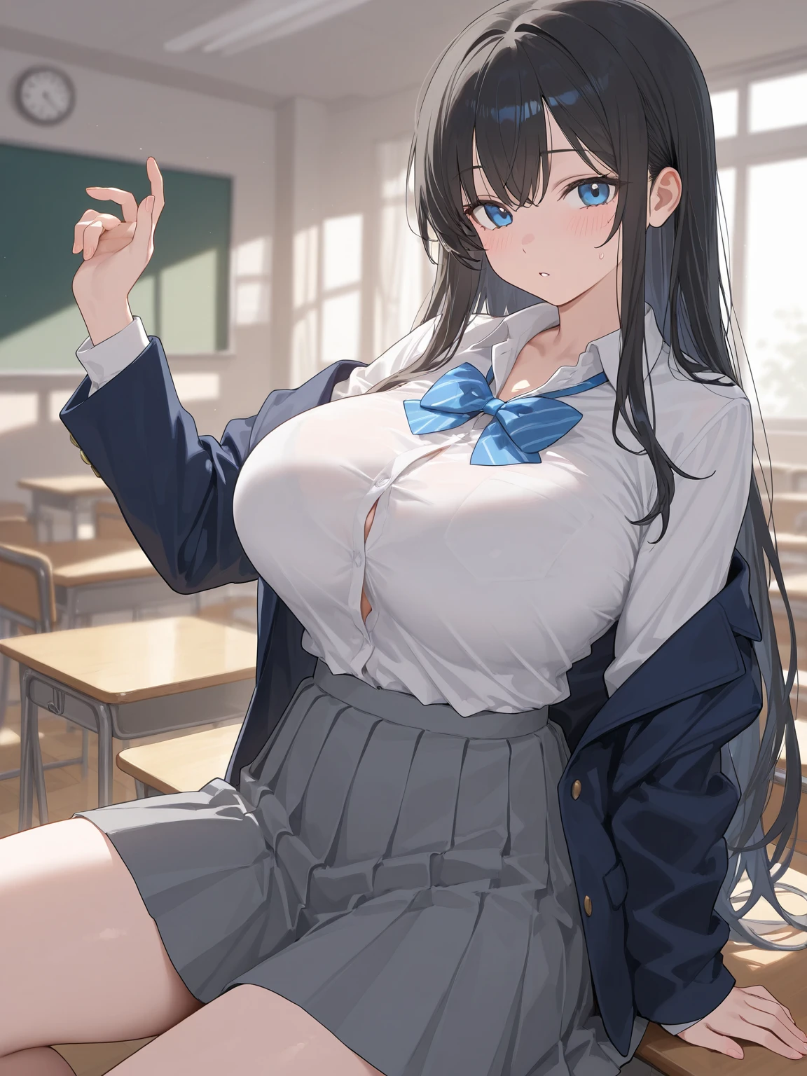 masterpiece, best quality, finely detailed, 1girl, blue eyes, blouse, pleated skirt, huge breasts, great cleavage, classroom,areola