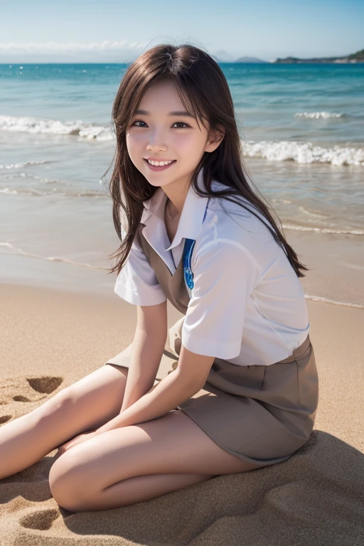 (((sunny day、Japanese 、Beach、A strong wind is blowing、Her hair and skirt are flying、Crouch down, Scooping up seawater and spreading your hands、Traditional navy blue sailor uniform、White blouse、Pleated skirt、Scooping seawater with hands:1.25、splash、Splashing water on each other、smile、Laughter、Sandy Beach、Light of the sun、clear blue sea、The waves crash quietly、blue sky with white clouds、green mountain々、Beautiful Nature、The joy of youth)))、(((Top-down composition:1.33)))、(((8K、Highest quality、masterpiece、Ultra-high resolution)))、(Realistic:1.4)、RAW Photos、(Real skin texture:1.3)、(Film Grain:1.3)、((No underwear、Bend one leg))、One Girl、Beautiful and detailed eyes and face、barefoot、