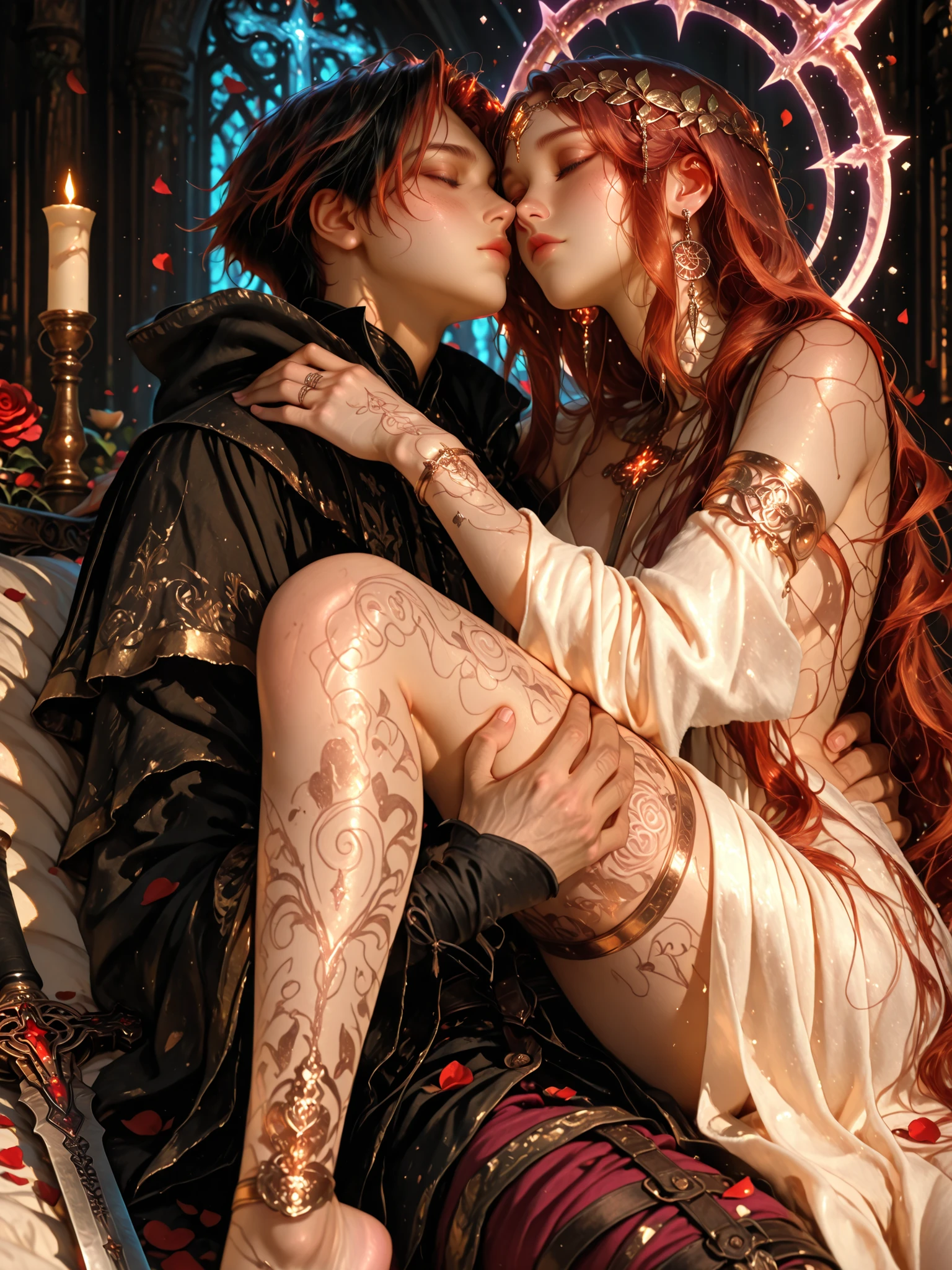 1 girl, Androgynous female demon noble. She is a seductive duchess , seated gracefully. she embracing a sword placed between her legs . She has long, flowing auburn hair, porcelain skin, and wears a ducal crown adorned with sacred geometry and old runes. Her gaze is alluring, wise, and slightly melancholic, as if holding forgotten truths. She is naked. 1 man, a man submit to her will. he has short black hair, he is longing for her touch.The air shimmers with faint sigils and drifting rose petals. Behind her, a moonlit desert rises with soft mist and starlit skies. Style: detailed dark fantasy illustration, dark ethereal lighting, stark shadows, high realism with mystical overtones.