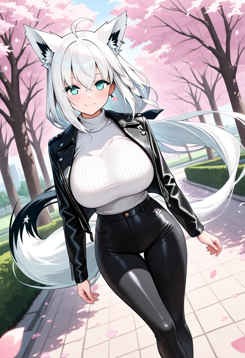 Long white hair, Japanese, gigantic chest, tight clothing, (black leggings:1.2), (white turtleneck:1.6), big thighs, sadistic grin, (Fox girl:1.2), half body, big pink eyes