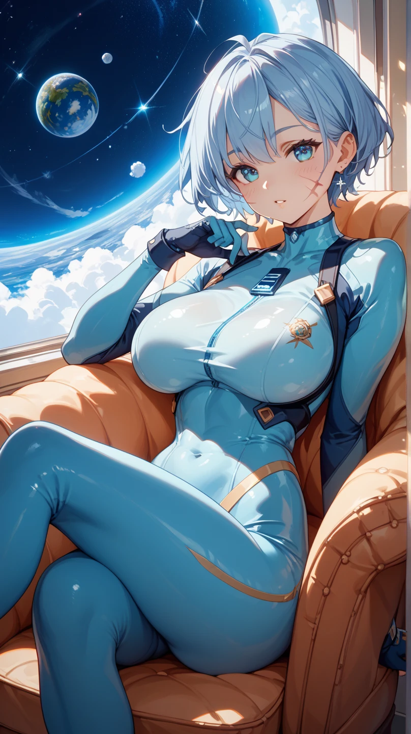 ((Earth-chan character from internet)) ((beautiful face)) (red lipstick) ((big bright eyes)) ((short blue and green hairstyle)) ((very huge breasts)) (perfect slim body) ((wears white tiny sttings thong with nasa logo)) ((choker)) ((posing sexy on space station)) (high resolution dynamic lights and shadows) ((masterpiece)) (8k) (perfect face) (best quality) (perfect hands and eyes)