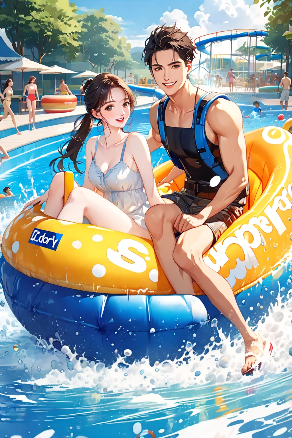 Yuriko, an alluring and sexy female anthropomorphic Japanese Red Crowned Crane in her hot and sexy red bikini, and Ruby, an alluring and playful anthropomorphic crane lady in her cute red bikini, are inflating their giant inflatable rubber boat by the lake. Then they invited Javier, a male human teen, wearing his swim trunks and water wings. They are surprise to see him coming on their relaxing river ride through the forest. Yuriko and Ruby hugged Javier while accidently letting their boat deflate. The Bikini Crane Ladies bluss in embarrassment Javier helped re-inflate their rubber boat. Yuriko, Ruby, and Javier put on their inflatable life jackets, carried their inflatable boat to the water, and hopped on their boat. Then they relaxed comfortably down the river all the way to the lake. When they arrive at the lake, Ruby sneak fully loosed the cap on the nozzle and made their inflatable boat sink into the water
