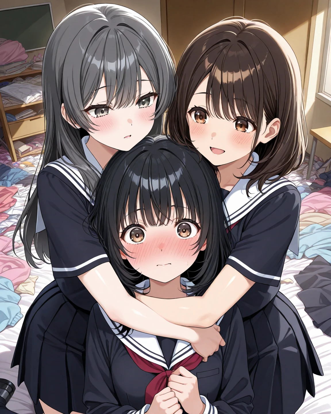Highest quality、High resolution、Detailed Background、(Beautiful face in every detail:1.4)、Anatomically correct、Detailed facial expressions、Teenage beauty、Highly detailed face、(Huge breasts:1.2)、cute hair color、Bobcut、ponytail、cute hairstyle、well-groomed eyebrows、Perfect body line、School classroom、JK Uniform、(A shot from below of three beautiful girls looking at you with troubled expressions:1.5)、Close up from below、Look at me with a confused look、cute、Panty Shot