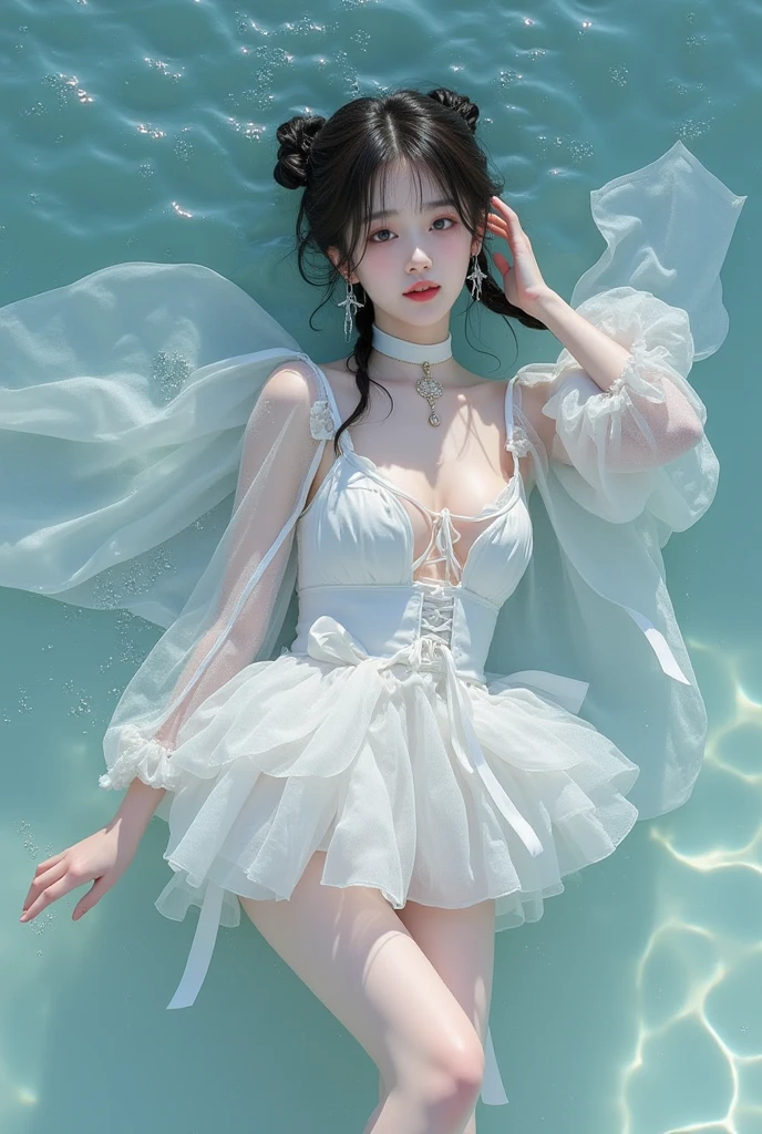 (masterpiece), (best quality), (official art, extremely detailed CG unity 8k wallpaper), (highly detailed), ((absurdres)), 1girl, mid shot, (exquisite facial features),(serafuku:1.3) ((sfw)),((clear hands)), ((white thighhighs without shoes)),aqua eyes, color contact lenses, stars in the eyes, (((colorful bubble))), colourful glass, (album cover)