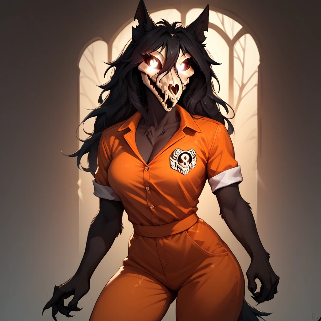 three-quarter portrait, front view, looking at viewer,

detailed body, hi res, absurd res, 1woman, furry, anthro, (SCP-1471, MalO, female, MalO body, Canine scull), (wear white tank top), (wear lowered orange jail jump suit:1.5), (SCP Foundation logo:1.5), athletic, black straight hair, long haircut, black fur, detailed fur, cute hands, detailed hands, (broken mirror, darkness and space, background of the cosmos of night and stars), detailed light, night color pallet, night pastel soft light, candles, holding black rose

[by peronalami:by jaynaylor:0.75], best quality, detailed,  setting filled with magic and mystery, 

