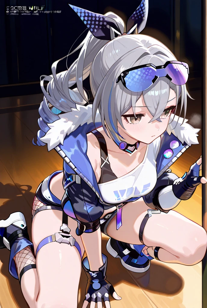 Make me a VTuber design. A girl with a mature body. {Long white hair that has blue fire on the tips of them.} {Cat ears with blue fire in the middle of them instead of fluff.} {A cat tail with blue fire at the end.} Yellow eyes with, scars on her body. {A goth/rockstar wearing shorts like outfit that’s blue and black with headphones that match, draped around her neck.} Fire tattoos. Blue fire cat DJ/Singer. One person only, {blue fire only}.