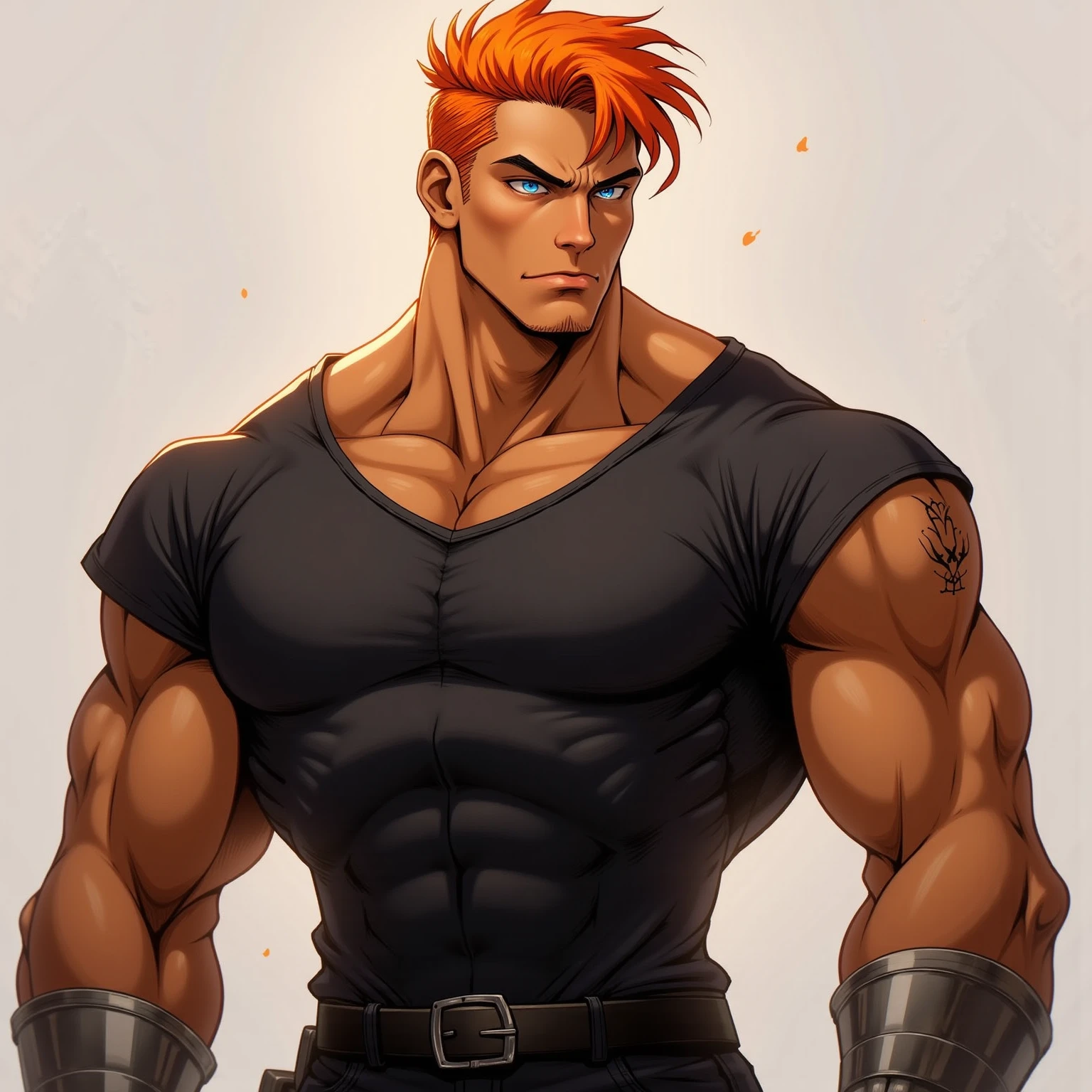 Man, athletic body, hairy, muscular, tights, buttonless shirt, smile