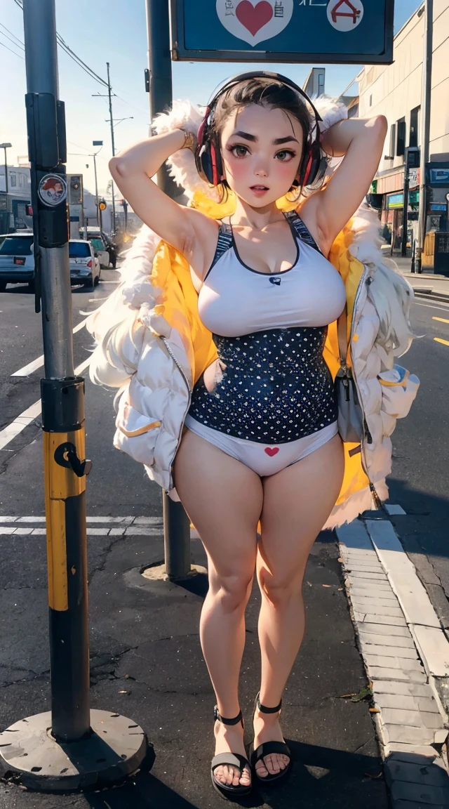((Highest quality, 8k)), ((masterpiece)), (Highest Resolution), Perfect Face, fox-eared woman, Female college student, Beautiful woman, Photographed in the city, Only one tail, she has thick thighs, Her big fox tail, Her yellow fox tail, She wags her tail, Troubled face, Collar on Leash, She is wearing a striped bikini, Plump Breasts, Beautiful Hips , Her fox tail sticks out