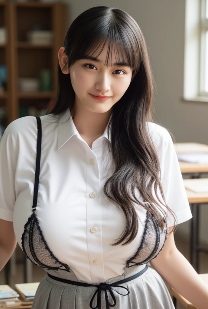 (Best quality,masterpiece,ultra detailed,8K,RAW photo,realistic,high resolution:1.2),(Pretty Japanese girl),(Super huge tits:1.4),(light brown hair),(school uniform,white shirt,pleated skirt:1.4),(voluptuous:1.4),(shoulder length),(light smile),(chubby:1.4)