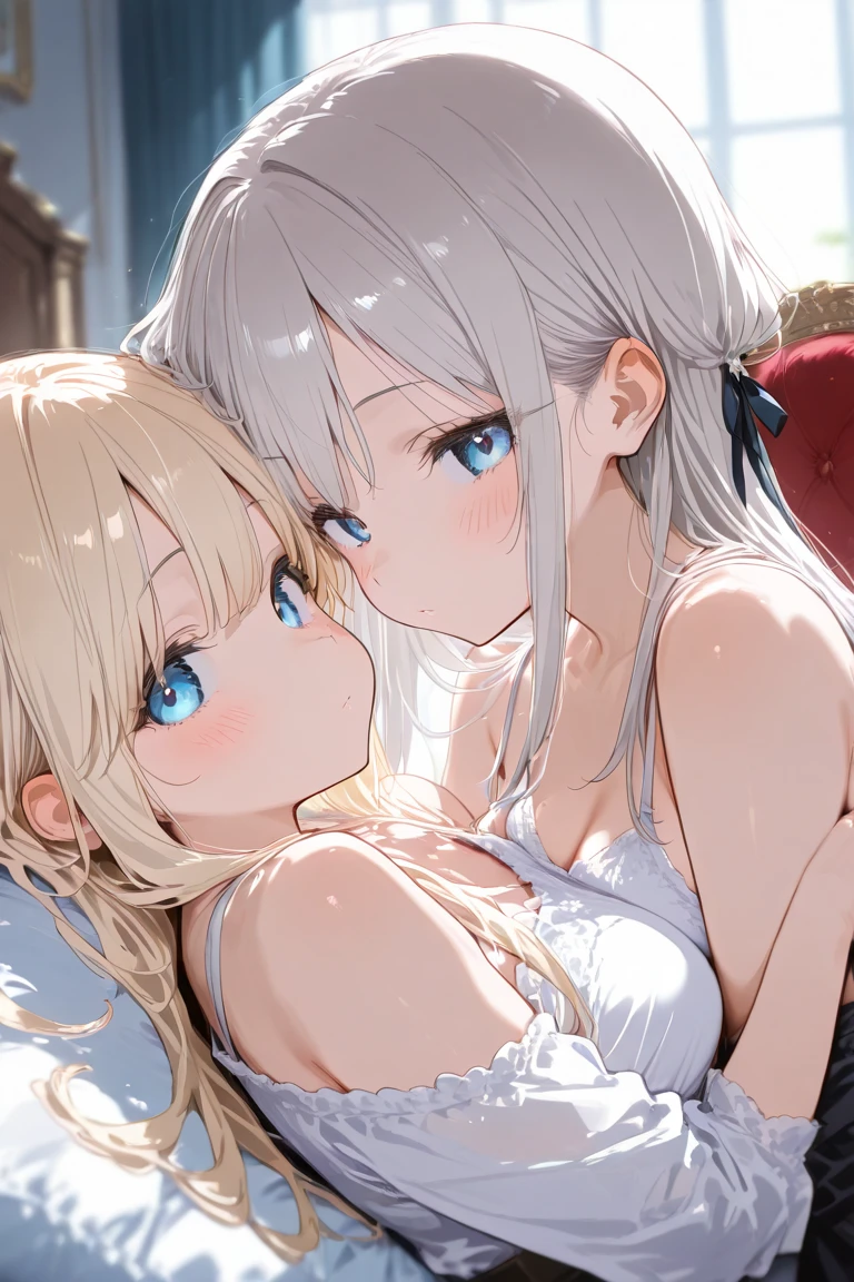nsfw,(2girls:1.3),duo,pov,From above,Kneeling,masterpiece,best quality,very aesthetic,absurdres,side by side,lineup,(focus),(assertive_female),(light hair),cheek to cheek