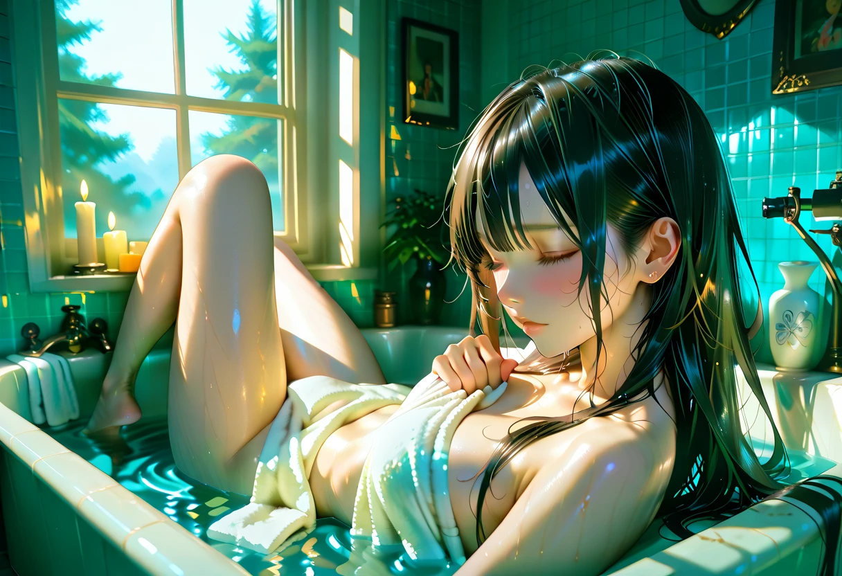 Absurd, Super detailedな,(In 8K:1.3),Masseter muscle area,(masterpiece:1.2)、(Highest quality)、4K、Super detailed、(Movement Structure:1.hining Lights、Atmosphere lighting), High resolution, Best Quality、(One girl:1.4),Super detailedな,Bright colors、Treebreak Production Art、(Warm color light source:1.2),High-level image quality、Fine image quality、Intricate details,Volumetric Lighting,Realism BREAK、Profile、 (Idol face:1.2)、(15 ye、Very beautiful face and eyes, Beautiful images、 natural make up、big eyes、 taking a bath、(Baby Face:1.5)、(Small breastslossy skin(Sweat:1.5), nsfw,(taking h:1.5), (bathroom:1.2) 、 (Mint hair,short :1.4)、 (Beautiful nipples)、(Delicate and detailed、naorgasm face)、(White skin:1.4)、(sfrom side