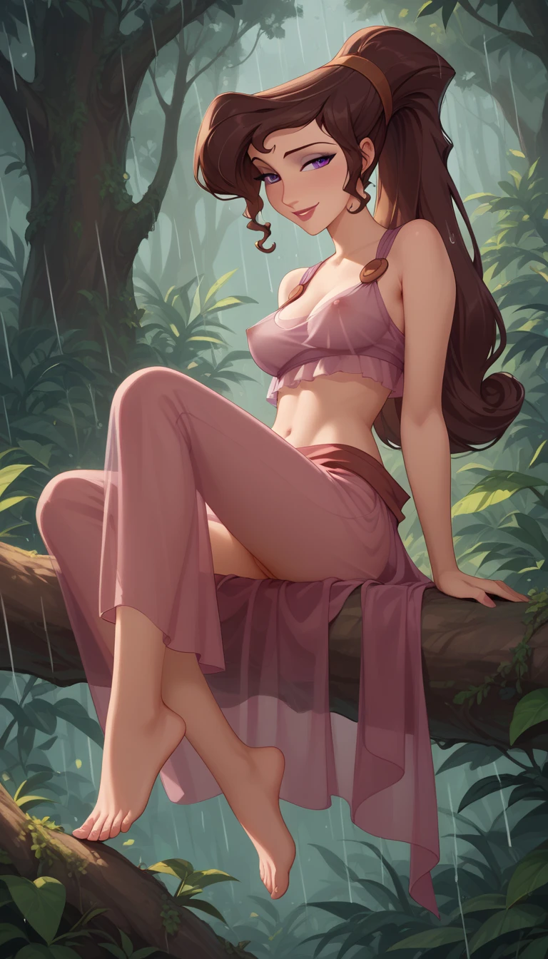 highres, masterpiece, perfect ligthing, bloom, cinematic lighting, adult, perfect skin, female, looking down viewer, (RSEEmma:1.1), <lora:MISC-GlossyFace:0.3>  cleavage, smile, :),  <lora:CHAR-Jane:1.9>, (JaneWaifu:1.4),  yellow dress, detailled eyes, sensual,  jungle, ocean, island, desolated, stranded, sunset, beautiful light, (see-through:1.4), hair bun, <lora:janePorterTarzanDisney_v10:0.5>  ,  (seductive pose, legs spreading:1.3), ((from below)),