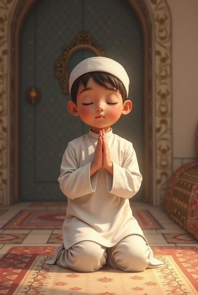 muslim boy,raising palm hands opposite the ears