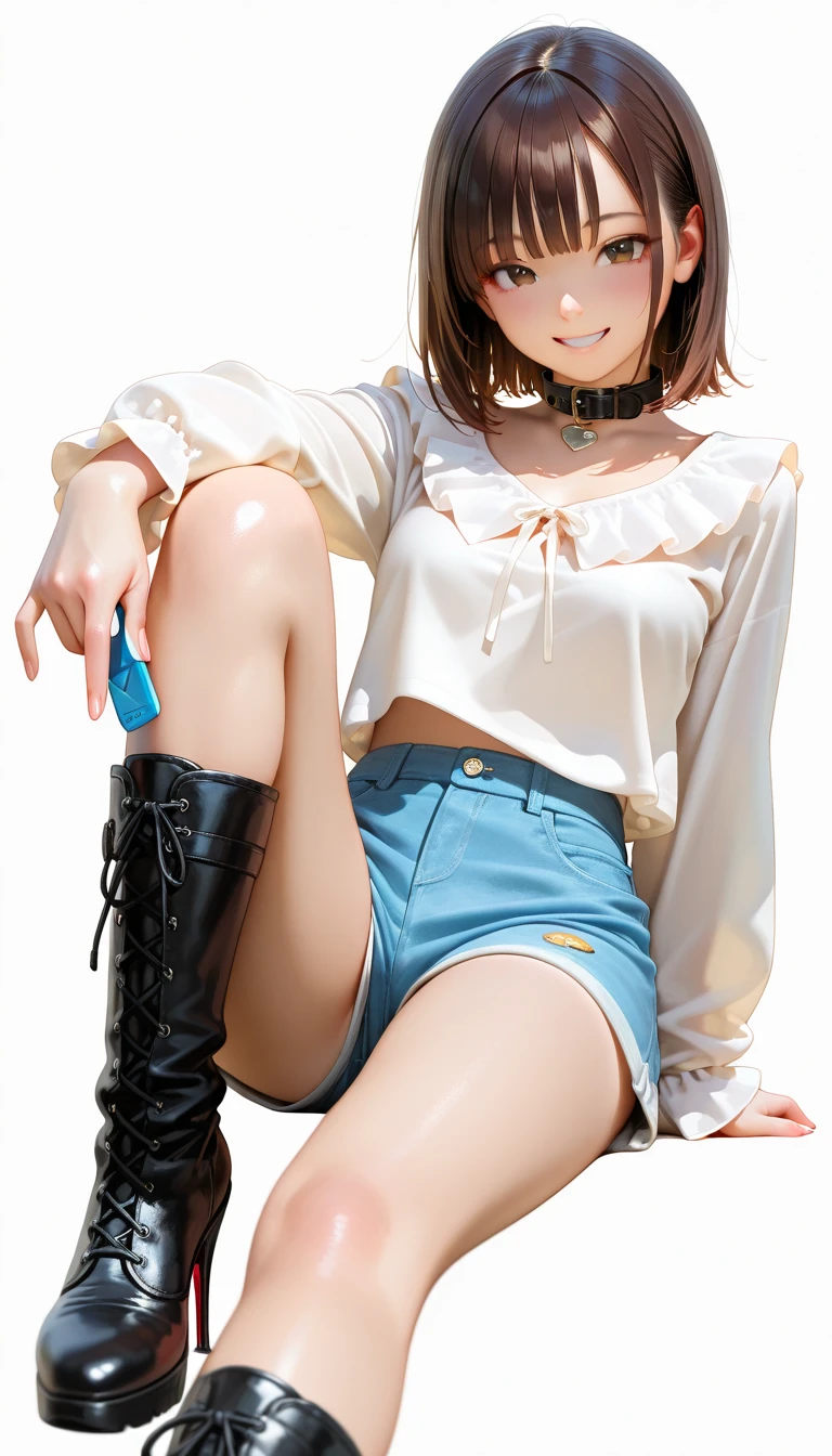 masterpiece, best quality, absurdres, perfect anatomy, (1girl, solo), Ashelia, short hair, AsheliaOutfit, miniskirt, thighhighs, jewelry, belt, standing, cowboy shot, smile, dynamic pose, dynamic angle, outdoors, plains, hills, (sitting, spreading legs by hands), spread crotch by hands, spread_pussy, (spreading pussy by hands)