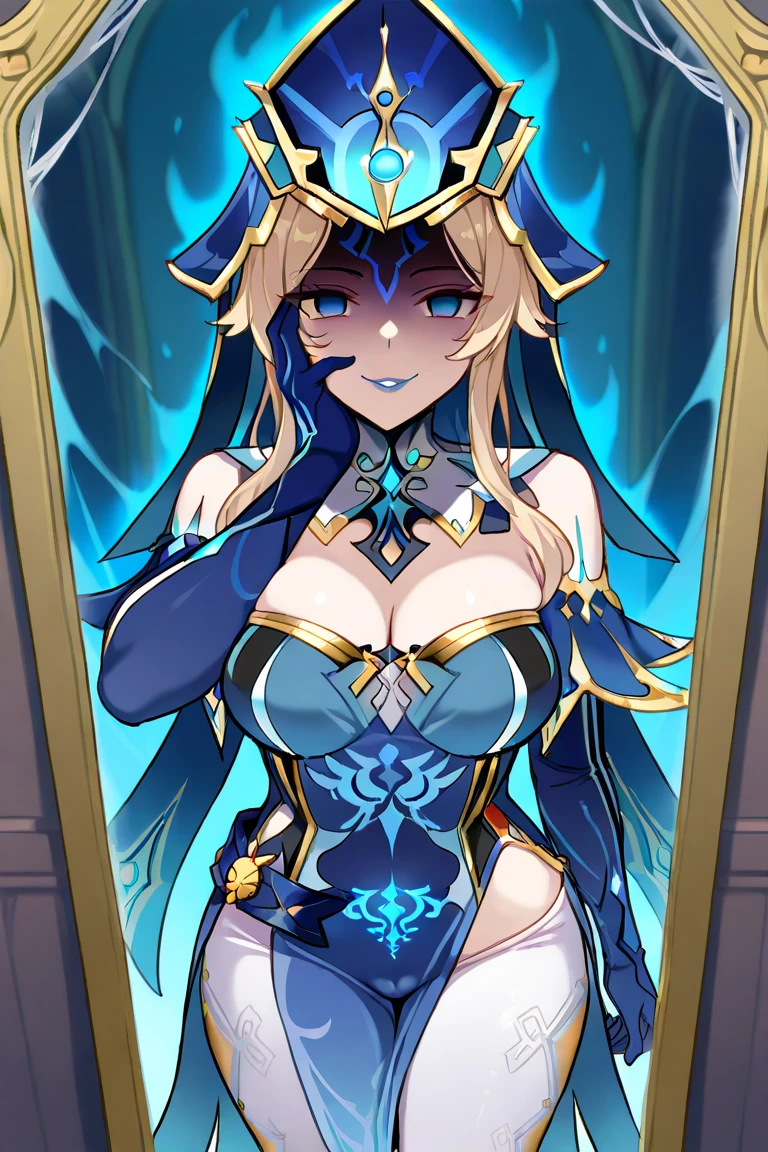 Lian, light blue hair, hair stick, bangs, blue eyes, solo, smiling, standing, upper body, hips, bare shoulders,purple thighhighs, black dress, gold jewelry,armor,gloves,circlet, cleavage, red and gold royal castle, gigantic breasts, (best quality, masterpiece, beautiful and aesthetic:1.2, highest detailed face, perfect face,) eyes, perfect face,expressive eyes,
looking at viewer, in the center of the image,(Upper_body),(Focus on her face),
official art,extremely detailed CG unity 8k wallpaper, perfect lighting,Colorful, Bright_Front_face_Lighting,shiny skin,
(masterpiece:1.0),(best_quality:1.0), ultra high res,4K,ultra-detailed