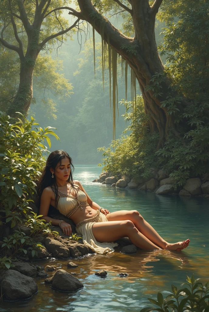 Maozonian indigenous girl, 18 years old, Bathing in the river, In the middle of the forest, Jaguar watching from afar, sad, clockpunk, Gamercore, street level view, blender render, 100 mm, sculptures, Iridescent colors, Medical Core, Strobe lighting, A hyper-realistic, Photorealistic, Octane Render, Unreal Engine, Hyper Detailed, Volumetric lighting, nffsw, Octane Render, Fantasy 4K 8K