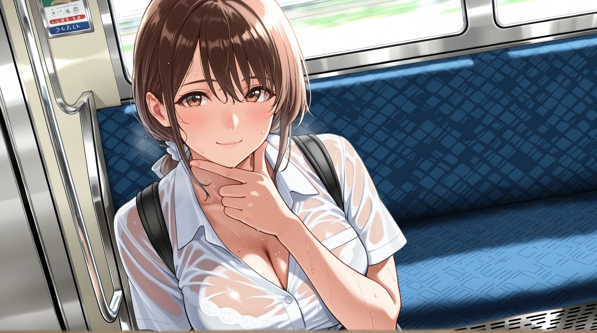 (masutepiece, top-quality:1.3), (Ultra detailed 8K cg:1.2), (realisitic:1.35), (Photorealistic:1.45),One beautiful Japanese 38 year old, (Recruit suit,Officelady.pencil skirts、a miniskirt, Train chair、sitting、undergarment teats Pink panties pink brassiere