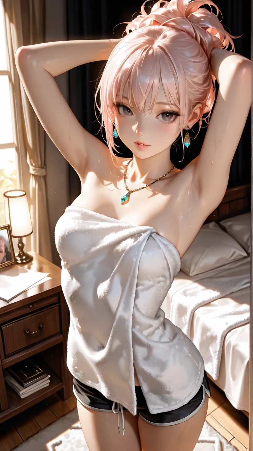 (Masterpiece, BestQuality:1.3), (ultra detailed:1.2), (hyperrealistic:1.3), (RAW photo:1.2), High detail RAW color photo, professional photograph, (Photorealistic:1.4), (realistic:1.4), professional lighting, perfect anatomy, (Big Breasts:1.1), (blush, detailed face), (cheerful Smile:1.5), Trending Hair&Trending Hairカラーをランダムに, earrings, necklace, bracelet, sexly, erotic sexly, Random sexy gravure poses, (A beautiful woman with pink hair in a white bathrobe is relaxing in the bathroom。Her hair is bob-cut、Taking a selfie in front of the mirror。:1.3)