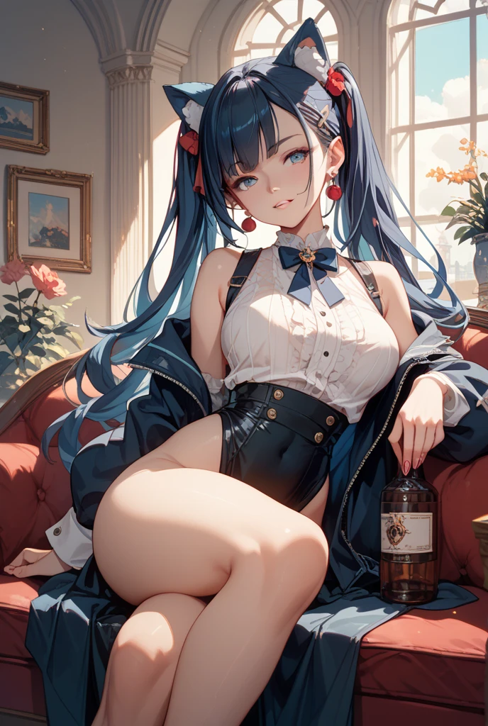 1girl, ahoge, alcohol, bangs, bare_legs, bare_shoulders, barefoot, belt, beret, black_nails, blue_hair, blue_jacket, blue_nails, blush, bottle, bowtie, breasts, cleavage, cleavage_cutout, clothing_cutout, coat, corset, couch, cup, drunk, elf, eyebrows_visible_through_hair, feet, fingernails, flower, frilled_skirt, fur-trimmed_coat, fur-trimmed_jacket, fur_trim, green_nails, hair_between_eyes, hair_flower, hair_ornament, hat, heart_ahoge, holding, holding_bottle, jacket, jewelry, large_breasts, long_hair, looking_at_viewer, medium_breasts, multicolored_hair, nail_polish, open_clothes, open_mouth, pink_nails, pointy_ears, purple_nails, sake_bottle, sharp_fingernails, shirt, simple_background, single_shoe, sitting, skirt, sleeveless, sleeveless_shirt, smile, soles, solo, streaked_hair, toe_ring, toenail_polish, toenails, toes, virtual_youtuber, white_headwear, white_shirt, yellow_eyes, yellow_nails, yukihana_lamy <lora:style_parsleyNew:1>