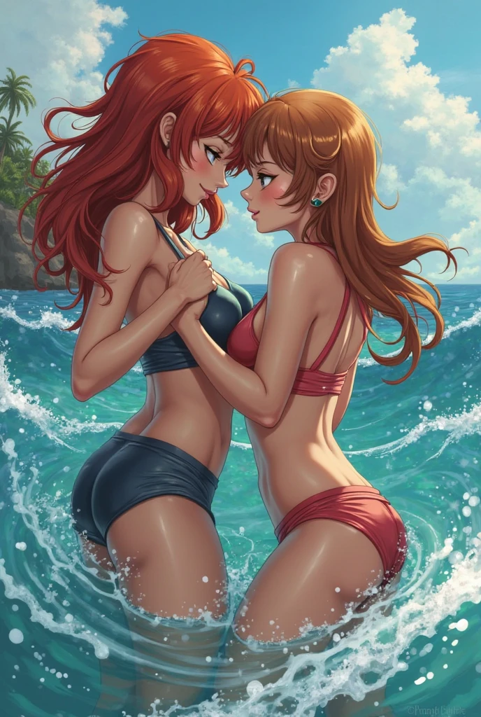 An 18-year-old redhead lesbian on the beach with wet hair and body behind her has a vast ocean, her breasts are so big they're even coming out of the striped bikini . She and her girlfriend are kissing with their tongues, with one hand on the other's butt, the other hand of the main one is inside her girlfriend's bikini almost taking it off