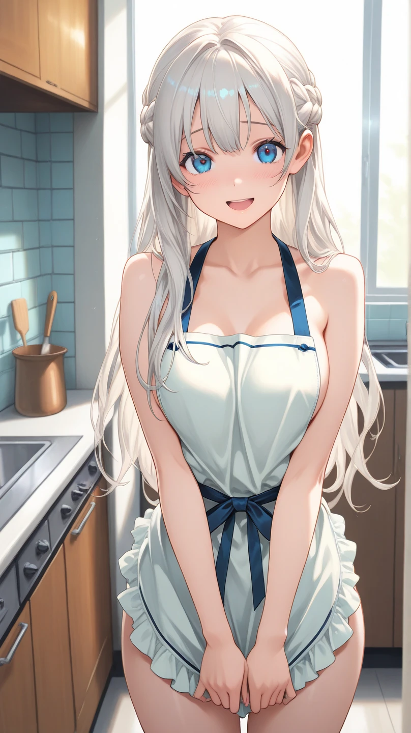 (((highest quality、first-class、masterpiece、Normal body、8k、Detailed face、Ultra-precision、Normal hand、Normal finger、5Finger、Highest)))、beautiful girl、Silver-white hair、Small breasts、Shortcuts、Naked Apron、Sleeveless Apron、Frills、kitchen、Back view、look back、blush、Embarrassed、Shy smile、The back is naked、Butt fully exposed、No underwear、No bra、No underwear allowed、Wet