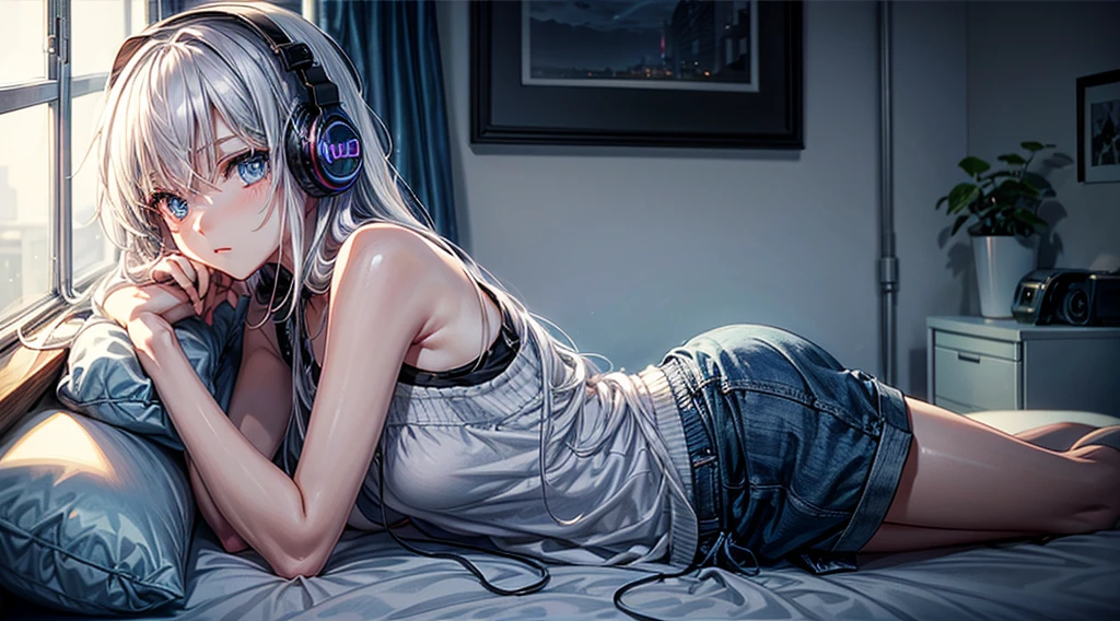 Girl listening to music in a cozy room at night, Use headphones, 2D anime style, Truly, hard disk, Dark environment、Emo